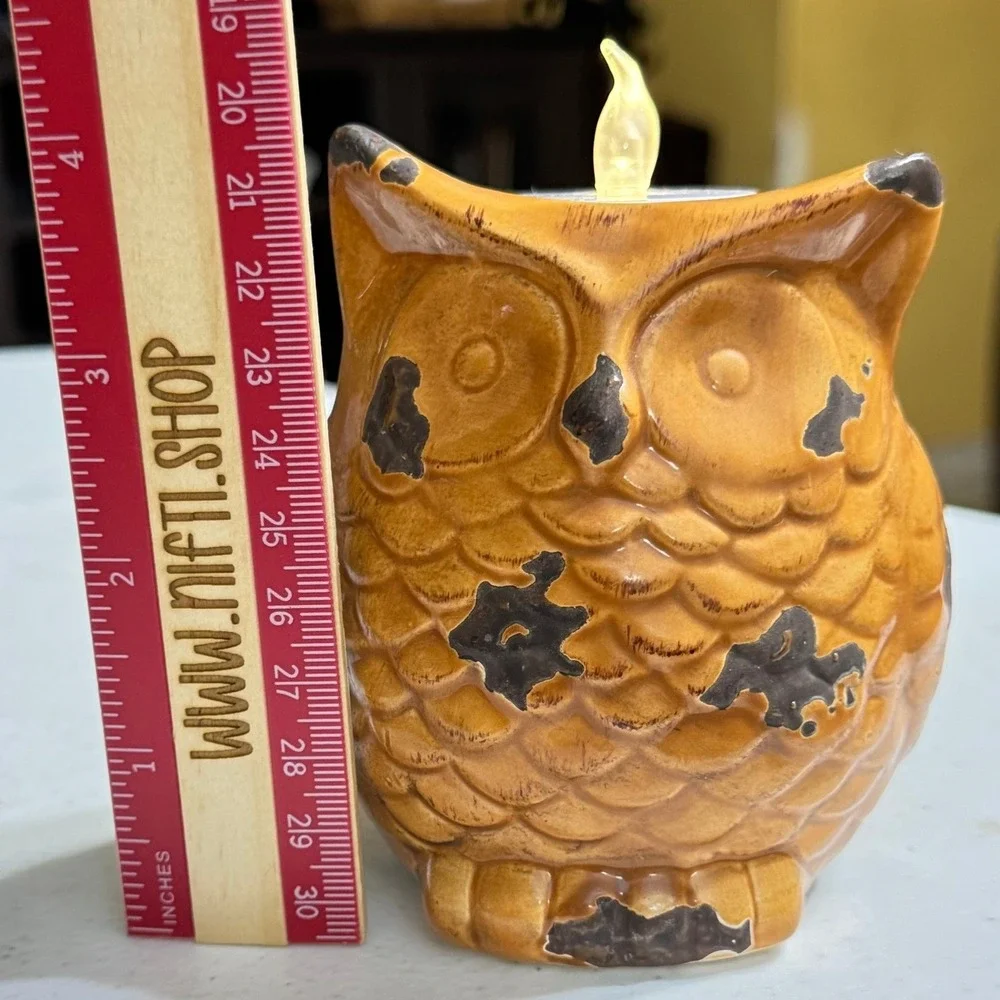 Ashland Owl Ceramic Candle Holder Small Tan Brown Rustic Distressed Decor
